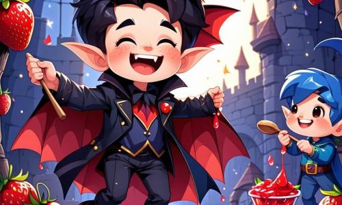 No centro da imagem, um pequeno vampiro chamado Vlad, com cabelos pretos bagunçados, olhos brilhantes de malícia e um grande sorriso mostrando seus dentes afiados, está dançando alegremente. Ele usa um manto preto decorado com padrões coloridos e segura uma colher de madeira, pronto para servir geléia de morango. Ao seu lado, Pipo, um duende de orelhas pontudas e cabelos azuis vivos, com uma expressão de excitação no rosto, pula de alegria segurando uma grande colher de plástico. Ele veste uma calça verde e uma camiseta listrada colorida, parecendo pronto para mergulhar na geléia. Um pouco mais atrás, Lili, uma pequena raposa de olhos travessos, observa com um grande sorriso, sua cauda espessa balançando de um lado para o outro. Ela está sentada em uma pedra de doce, aguardando sua vez para provar a geléia. O cenário é uma imensa sala cheia de geléia de morango cintilante, com paredes de chocolate e um teto de marshmallow, onde flores cantantes flutuam no ar, criando uma atmosfera festiva e mágica. A cena principal mostra Vlad, Pipo e Lili celebrando juntos, cercados por geléia de morango, em um ambiente alegre e colorido, prontos para compartilhar sua deliciosa descoberta com todos os amigos.