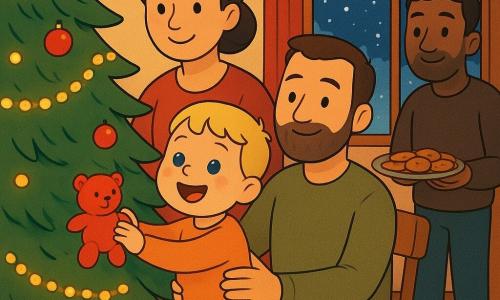 Un băiețel de 2 ani, vesel, păr blond scurt, obraji roz, ochi albaștri, întinde mâinile să agațe o jucărie de pluș roșie la baza bradului; mama (~30 ani), păr brun prins, zâmbet blând, îl ține de talie din spate și îl privește cu tandrețe; tatăl (~32 ani), barbă fină, stă lângă brad zâmbind, mâinile pe spătarul unui scaun; vecinul (~40 ani) aduce o farfurie cu fursecuri lângă ușa întredeschisă; living confortabil cu brad mare decorat cu ghirlande aurii, globulețe roșii și lumini calde, fereastra arată noaptea cu fulgi groși și gheață pe geam, podea din lemn cu covor roșu pufoș, o lumânare falsă de hârtie luminează la baza bradului; atmosferă caldă, culori roșu-verde-aur-crem, contururi rotunjite, compoziție centrată pe copil și expresii clare.