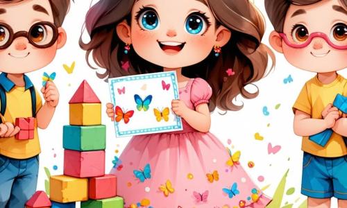 Clara, una niña de 5 años con grandes ojos azules y cabello castaño rizado, lleva un bonito vestido rosa con estampados de mariposas. Sonríe entusiasmada, sosteniendo una tarjeta colorida que representa a su familia, rodeada de sus amigos. Pablo, un niño de 6 años con gafas redondas y cabello castaño, está a su lado construyendo una torre de bloques coloridos, mostrando una gran sonrisa. Sofía, una niña de 5 años con una coleta alta y un vestido de flores, se inclina para dibujar en una hoja de papel, concentrada y alegre. La escena tiene lugar en un aula luminosa, con paredes decoradas con dibujos infantiles y carteles educativos, y ventanas que dejan entrar la luz del sol. Clara y sus amigos comparten un momento de alegría y creatividad, celebrando su amistad mientras aprenden juntos en un ambiente cálido y acogedor.