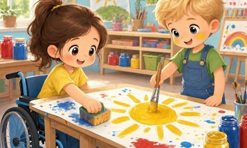 Twee ongeveer vijfjarige kinderen schilderen samen een grote gele zon op een wittevel: een meisje links in een lichtblauwe rolstoel met bruine couettes, glanzende ronde ogen, geel T‑shirt met ster, ze lacht en dept met een spons in verf in de hoek van het vel; een jongetje rechts bij de tafel met kort blond haar, verfvlekken op de wangen, spijkerbroek‑salopet en groen T‑shirt, hij schildert het midden van de zon met een grote kwast. De klas is licht en kleurrijk met pastelblauwe muren, lage planken met potjes rode, blauwe en gele verf en borstels, een lichtehouten tafel met verfspatten, enkele kussens en een raam dat zachte licht binnenlaat; op tafel liggen doeken en een bekertje water. De sfeer is warm, inclusief, speels en geconcentreerd, met dikke verftrekken en vrolijke spatjes rondom.