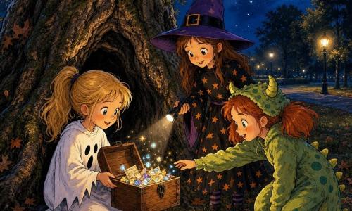 Drie meisjes van 9 jaar — Sophie met blonde staart in een wit spookkostuum knielend links van een grote eik, houdt een klein open houten doosje met verwonderde blik; Emma met lange bruine haren en een paars heksenhoedje staat naast haar met een zaklamp, hoedpunt naar de doos gericht; Lotte met rood haar in dotjes en een zacht groen monstermonsterpak staat rechts, leunt voorover en reikt naar fonkelende steentjes die uit de doos vallen — setting: nachtelijk park rond een massieve eik met dikke wortels en gevallen herfstbladeren bij volle maan en zachte lantaarns; scène: de meisjes ontdekken samen een oud doosje aan de voet van de boom waaruit glinsterende stenen en papiertjes komen, sfeervolle zachte Halloween-magie met lange schaduwen en contrasterende kleuren.