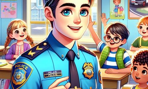 Un giovane poliziotto, Marco, ha circa 25 anni, capelli castani e occhi pieni di determinazione. Indossa una divisa blu brillante con un distintivo lucido sul petto e sorride calorosamente mentre spiega le regole di sicurezza a un gruppo di bambini. Tra i bambini, una ragazza di 8 anni con capelli biondi intrecciati e un vestito colorato alza la mano con entusiasmo, pronta a fare una domanda. Accanto a lei, un ragazzo di 7 anni con occhiali e una maglietta a righe ascolta attentamente, assorbendo ogni parola di Marco. La scena si svolge in un'aula luminosa con muri decorati da disegni di bambini e finestre che lasciano entrare la luce del sole. I banchi colorati sono disposti a semicerchio e poster sulla sicurezza stradale adornano le pareti. Marco condivide storie del suo lavoro di poliziotto con i bambini, insegnando loro l'importanza della sicurezza e della collaborazione, creando un'atmosfera gioiosa e coinvolgente.