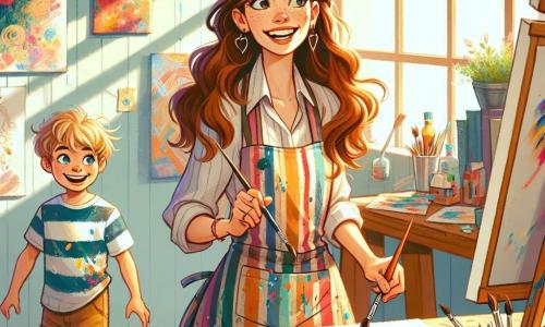 Una giovane artista, Sofia, è al centro della scena, una donna di circa 25 anni, con lunghi capelli castani ondulati e occhi pieni di creatività. Indossa un grembiule colorato, macchiato di vernice, e sorride felicemente mentre tiene un pennello nella mano destra, mescolando colori vivaci sulla sua tavolozza. Accanto a lei, un ragazzino di 7 anni, suo fratello, con capelli biondi e occhi azzurri, osserva con meraviglia, le mani sui fianchi, affascinato dai colpi di pennello della sorella. Si trova in uno studio luminoso, con grandi finestre che lasciano entrare la luce del sole, illuminando le pareti coperte di quadri colorati. Barattoli di vernice di tutti i colori sono sparsi su un tavolo di legno, e pennelli di diverse dimensioni sono piantati in un vaso di terracotta. Sofia sta dipingendo un quadro che rappresenta un paesaggio primaverile, con fiori vivaci e alberi in fiore, mentre suo fratello ammira il suo lavoro, gli occhi brillanti di ammirazione. L'atmosfera è gioiosa e creativa, piena di colori vivaci e risate di bambini.