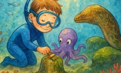 Un bambino di 6 anni, Leo, sorridente ma concentrato, in una muta blu e una grande maschera rotonda, è accovacciato sott'acqua a spazzolare con cura una campana di bronzo coperta di alghe; un polpo viola di nome Otto, con tentacoli flessibili e motivi verde pallido sulla pelle, tende un tentacolo per aiutare; una murena lunga e lucente, dalle scaglie brune e gialle, appoggiata su una roccia, spinge via un’alga; un banco di piccoli pesci argentati gira intorno creando riflessi scintillanti; sul fondale un giardino di coralli rossi e rosa e rocce con muschio verde, attraversati da raggi di sole; la scena è un tranquillo momento di riparazione, collaborativo e luminoso.