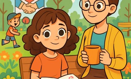 Una ragazza di 10 anni, Lina, con capelli castani e ricci, grandi occhi curiosi e un sorriso timido, è seduta su una panchina di legno in un giardino comunitario. Tiene un quaderno aperto sulle ginocchia, con pagine piene di disegni colorati e parole. La sua espressione è sia pensierosa che gioiosa, come se avesse appena scoperto qualcosa di importante. Accanto a lei, l'insegnante gentile, Madame Amina, una donna di circa quarant'anni con occhiali rotondi e un chignon ordinato, sorride guardando Lina, tenendo una tazza di tè in mano. Un gruppo di bambini, tra cui un ragazzo di 9 anni con capelli biondi e un cappellino, gioca a pochi passi, ridendo e scambiandosi una palla colorata. Il giardino è pieno di fiori brillanti, panchine di legno e piccoli alberi, con un cielo blu chiaro punteggiato di nuvole bianche e soffici. Sullo sfondo, si intravede un grande cartellone con disegni di accordi e sorrisi, simboleggiando unità e speranza. La scena mostra Lina mentre scrive nel suo quaderno, circondata dai suoi amici e dalla sua insegnante, illustrando un momento di condivisione e solidarietà, dove i bambini si uniscono per creare un mondo migliore nonostante le sfide.