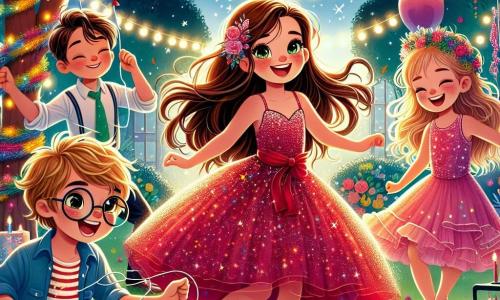 In un giardino illuminato, quattro bambini si riuniscono per festeggiare il Capodanno. Sofia, una ragazza di 8 anni con lunghi capelli castani e occhi brillanti, danza felice al centro, indossando un vestito rosso con paillettes che brillano sotto le luci. Tommaso, un ragazzo di 9 anni con i capelli biondi arruffati e un grande sorriso, appende palloncini colorati a un albero, in piedi a sinistra di Sofia. Marco, un ragazzo di 7 anni con occhiali rotondi e capelli castani, è seduto sull'erba a destra, mentre suona musica con un piccolo altoparlante. Carla, una ragazza di 6 anni in un bel vestito rosa, è vicino a Marco, danzando e ridendo, con una piccola corona di fiori in testa. Il giardino è decorato con ghirlande luminose e palloncini multicolori, creando un'atmosfera festosa e calorosa. Sopra di loro, una stella brillante scintilla nel cielo notturno, illuminando la scena con una luce magica. I bambini, tutti insieme, si preparano a esprimere un desiderio a mezzanotte, con gli occhi fissi sulla splendida stella che brilla sopra di loro, pieni di eccitazione e speranza per il nuovo anno che verrà.