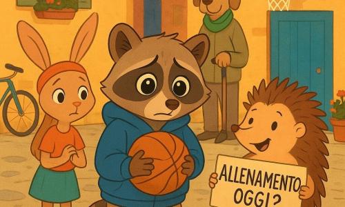 Milo, giovane procione antropomorfo dal volto espressivo e occhi rotondi lucenti, appare vergognoso ma sollevato; stringe una palla da basket consumata al petto, postura leggermente curvata, indossa una grande felpa con cappuccio blu troppo larga, pantaloncini e sneakers sporche. A sinistra Nora, una giovane lepre slanciata con fascia rossa, sguardo tra sorpresa e tenerezza, braccia raccolte, vicino alla fontana del cortile in posizione di sostegno. A destra Tito, un riccio tondo e sorridente con punte morbide, tiene un cartello fatto a mano ALLENAMENTO OGGI? e salta di gioia, espressione incoraggiante. Sullo sfondo Leo, un vecchio cane calmo con sciarpa verde, accanto al tabellone condominiale con una pompa da bici, volto benevolo. Luogo: piccolo cortile urbano italiano colorato, muri ocra, persiane in legno, biciclette appoggiate, gerani rossi, pavé con qualche macchia di umidità e canestro fissato a un garage dipinto di blu sbiadito. Situazione: Milo confessa dopo il torneo — momento di riconciliazione — atmosfera dolce e luminosa, palette calda e pastello, composizione centrata su Milo con gli amici a semicerchio protettivo, stile vettoriale netto, contorni puliti, texture piatte, luce dorata del crepuscolo.