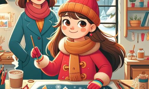 Una ragazza di 9 anni, Sofia, con lunghi capelli castani e guance rosa, sorride felicemente mentre tiene un grande pezzo di carta su cui ha disegnato un paesaggio invernale. Indossa un vivace cappotto rosso, un berretto di lana e guanti colorati, ed è al centro della scena, circondata da materiali naturali che ha raccolto. Accanto a lei, sua madre, una donna di circa 35 anni con capelli castani e occhiali, la osserva con orgoglio, tenendo una tazza di cioccolata calda tra le mani. Indossa un cappotto blu e si trova leggermente indietro, ammirando il lavoro della figlia. Il luogo è un accogliente atelier d'arte, con pareti dipinte di giallo chiaro, una grande finestra che lascia entrare la luce del giorno e forniture artistiche sparse su un tavolo di legno. All'esterno, si intravede un paesaggio innevato attraverso il vetro, con fiocchi di neve che cadono dolcemente. Sofia sta presentando il suo progetto artistico sull'inverno, circondata dai suoi materiali, pronta a condividere la sua passione e creatività con la madre, che la incoraggia con un sorriso benevolo.