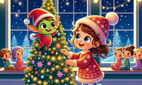 Una niña de 1 año, con grandes ojos brillantes y cabello rizado castaño, sonríe maravillada al ver un árbol de Navidad decorado. Lleva un bonito vestido rojo con copos de nieve y zapatitos de peluche. A su lado, un duendecillo alegre, pequeño con piel verde y orejas puntiagudas, baila alrededor del árbol agitando estrellas brillantes. Tiene una gran sonrisa y lleva un sombrero rojo con un pompón blanco. El decorado se sitúa en un cálido orfanato, con grandes ventanas que dejan entrar la luz de la luna y guirnaldas luminosas en las paredes. La habitación está llena de juguetes coloridos y un gran árbol de Navidad iluminado, rodeado de nieve que cae suavemente afuera. La escena principal muestra a la niña y al duendecillo decorando juntos el árbol de Navidad, llenando el aire de alegría y magia, mientras niños asombrados los observan, con sus rostros iluminados por la luz de las decoraciones.