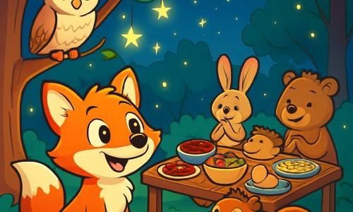 Un joven zorro de ojos brillantes y pelaje rojizo llamado Rafi está sentado bajo un árbol iluminado por estrellas centelleantes, con una sonrisa maravillada en su rostro. Observa con curiosidad a un grupo de animales reunidos alrededor de una mesa de madera, llena de platos coloridos y apetitosos para el iftar. A su lado, una sabia lechuza de plumas suaves y blancas llamada Laila observa la escena con una mirada benevolente y una ligera sonrisa, posada en una rama. Un pequeño ardilla marrón, Sami, está sentado en el suelo, con los ojos muy abiertos, sosteniendo una nuez en sus patas, mientras mira a Rafi con admiración. El lugar es un claro mágico en un bosque encantado, donde majestuosos árboles de hojas verdes vibrantes rodean la escena, y luciérnagas bailan en el aire crepuscular, añadiendo un toque de magia. La situación principal muestra a Rafi descubriendo la belleza del Ramadán, rodeado de sus amigos, listos para compartir un momento de alegría y generosidad.