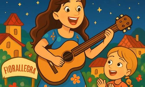 Una donna di nome Laura, sulla trentina, con lunghi capelli castani ondulati e un sorriso radioso, si trova su un piccolo podio di legno. Indossa un vestito blu a fiori e tiene una chitarra, cantando con passione, gli occhi brillanti di gioia ed eccitazione. Accanto a lei, sua nipote Sofia, una bambina di 8 anni con capelli biondi in trecce e un vestito rosa, applaude con entusiasmo, gli occhi scintillanti di ammirazione. Sullo sfondo, il villaggio di Fiorallegra è illuminato da lanterne colorate, con case dai tetti rossi e giardini fioriti, creando un'atmosfera festosa. La scena mostra Laura mentre canta davanti a un pubblico gioioso, mentre stelle scintillanti illuminano il cielo notturno, aggiungendo un tocco magico a questo momento di condivisione musicale.