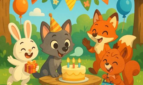 Un pequeño lobo pardo grisáceo de ojos redondos y brillantes, sonriente y emocionado con un gorro de fiesta a rayas, está en sus patas delanteras frente a un pastel pastel con velas encendidas soplando una nube de vapor; a su derecha la ardilla Sofía, de pelaje rojizo y ojos chispeantes, ríe sujetando una bolsita de regalo colorida; a la izquierda el conejo Ramón, blanco y regordete, orejas largas, salta feliz con una cajita de regalo; en primer plano la tortuga Tita, con caparazón verde decorado, tranquila y sonriente sobre una piedra junto a la mesa; un poco más atrás el zorro Tomás, de pelaje rojo vivo, aplaude pícaro con una pata levantada; todo en una clara del bosque soleada con hierba y flores silvestres, guirnaldas entre árboles, globos y setas decorativas alrededor de una mesa de madera rústica, celebrando una fiesta de cumpleaños alegre y colorida con pastel cremoso, bolsas sorpresa multicolores, confeti en el aire y rayos de sol filtrándose entre las hojas.