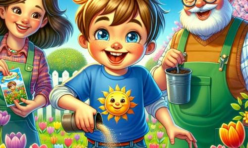 Ein 10-jähriger Junge namens Lukas steht im Zentrum eines farbenfrohen Frühlingsgartens. Er hat kastanienbraune Haare, strahlende Augen und ein breites Lächeln. Er trägt ein blaues T-Shirt mit einem Sonnenmotiv und Denim-Shorts und pflanzt begeistert Samen in die Erde. Neben ihm lächelt seine Mutter, eine etwa 35-jährige Frau mit langen braunen Haaren, stolz, während sie einen Beutel mit Samen hält. Sie trägt eine grüne Gartenbluse und Gartenhandschuhe. Etwas weiter weg mischt der Nachbar, Herr Müller, ein 60-jähriger Mann mit weißem Bart und Brille, Erde in einen großen Topf und schaut Lukas wohlwollend an. Der Garten ist ein zauberhafter Ort, voller bunter Blumen wie Tulpen und Narzissen, mit blühenden Bäumen, die sanft im Wind wiegen. Der Himmel ist strahlend blau, durchzogen von einigen flauschigen weißen Wolken. Die Szene zeigt Lukas und die Erwachsenen, die gemeinsam im Garten arbeiten und den Geist von Kameradschaft und Frühlingsfreude symbolisieren, während sie Samen pflanzen, die prächtige Gemüse und Blumen hervorbringen werden.