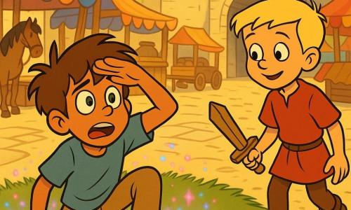 A 10-year-old modern boy, surprised and amazed, with messy brown hair, large green eyes, a dust-stained blue T-shirt and khaki pants is sitting on the grass rising with one hand on his knee and the other shielding his eyes from the sun; about two steps to his right a gentle smiling 10-year-old boy with short blond hair in a red medieval tunic approaches curiously holding a wooden sword; in the background a sunny medieval market with uneven cobbles, colorful wooden stalls, banners, carts, horses and a large stone castle gate; pink and blue sparks disperse around a small circle of grass where the modern boy landed, contrasting with the market's golden light; bright warm color palette, clean cartoon lines, soft shadows, exaggerated expressions and dynamic poses to emphasize wonder and curiosity