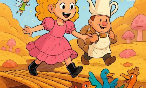 A joyful, amazed princess named Tilly with curly blonde hair, a ruffled pink dress and patent boots reaches forward as she crosses a bridge made of breadsticks; behind her walks a stout gnome chef, Chef Pompom, round-faced with a teapot-shaped hat and a flour-dusted apron, smiling and carrying a sack of flour. A tiny fairy named Sprig with pale blue translucent wings and a green dress flies just above the princess’s shoulder leaving a trail of golden glitter. A group of large, colorful, laughing geese with bright plumage—one wearing a pie-crust crown—blocks the path, dancing and making garlands of grapes. The scene is set in a cozy kingdom of blonde dough hills, gleaming chocolate rivers, pink marzipan mushrooms, and a dusted-sugar sky with sugar stars; they are crossing the breadstick bridge over a river of grapes in a playful, dynamic atmosphere with exaggerated expressions, warm contrasting colors and visible textures (crust, crumbs, glossy chocolate).