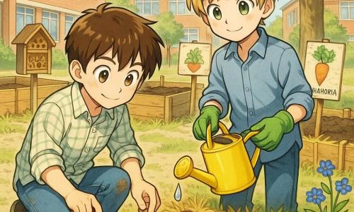 Dos niños de 10 años: Martín, pelo castaño corto, ojos avellana, rodillas manchadas de tierra, camisa de cuadros clara, agachado a la izquierda plantando una semilla con una palita roja; y Lucas, pelo rubio en mechones, ojos verdes, sonrisa tranquila, mangas remangadas y guantes verdes, de pie a la derecha regando la misma fila con una pequeña regadera amarilla; lugar: un rincón del patio escolar convertido en huerto con cajas de madera claras, tierra negra y húmeda, paja en los bordes, carteles pintados a mano, una casa para insectos de madera y un tilo que proyecta sombra, fondo de edificios escolares de ladrillo rojo y cielo azul pálido con nubes esponjosas; situación: primavera, plantan juntos con gestos atentos, gotas de agua brillan al sol, semillas en hileras ordenadas, una piedra pintada con 