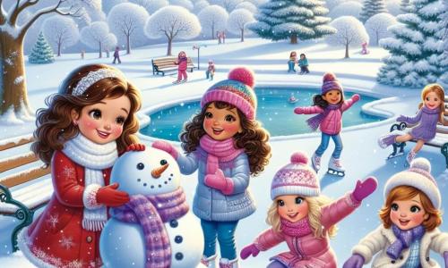 Four joyful girls, around 10 years old, are gathered in a snowy park. Ellie, with her brown hair and bright red scarf, is building a snowman on the right. Sophie, with curly hair and wearing a pink snowsuit, is sliding down a hill on a sled. Mia, in ice skates and a blue coat, is practicing her skating gracefully near a frozen pond in the center. Lastly, Lucy, with blonde hair and purple gloves, is laughing while making a snow angel on the left, surrounded by sparkling snowflakes. The park is a winter wonderland, with majestic snow-covered trees, frost-covered benches, and a clear blue sky dotted with fluffy clouds. Soft hills stretch across the horizon as the sun shines, illuminating the scene with golden light. The girls are having fun together, creating unforgettable memories while playing in the snow, sharing laughter and adventures, embodying the magic of winter and friendship.