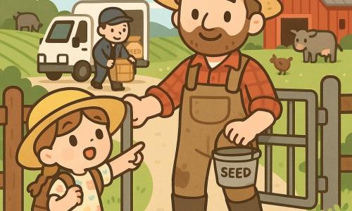 A smiling, serene farmer (30–40) in a red plaid flannel shirt, dirt-stained denim overalls, brown rubber boots and a worn straw hat holds a small bucket of seeds and gently opens a large metal farm gate; an amazed, curious 8-year-old girl with light brown hair in two braids, an oversized yellow hat, a pastel floral dress and a backpack stands to his left pointing toward the fields and animals; a focused but friendly delivery driver (about 40) in a navy jacket steps down from a small white delivery truck parked behind the gate, setting seed bags and crates on the ground; sunny morning farm setting with a beige dirt path edged in white daisies, a red tin-roofed barn, neat green crop rows stretching to bluish hills, a few brown hens pecking near the gate and a gray cow in the background; warm, soft light, high contrast, composition centered on the gate-opening gesture.