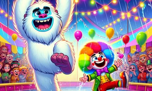 A cheerful and playful Yeti, with fluffy white fur, sparkling mischievous eyes, and a big beaming smile, dances in the rain, splashing sparkling droplets around him. Beside him, a clown boy named Chuckles, with rainbow-colored hair, a red nose that honks with every movement, and giant shoes, juggles plastic chickens while laughing. They are under a large circus tent, with bright colors, twinkling lights, and floating balloons, while the ground is covered in puddles reflecting the joyful colors of the circus. The main scene shows the Yeti and the clown, surrounded by a laughing audience, dancing and singing in the rain, turning a stormy moment into a vibrant celebration of laughter and joy.