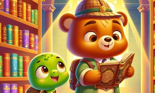 Benny the Little Bear, a young brown bear with soft fur and a small detective hat, stands in front of an old library shelf, his eyes shining with excitement and curiosity. He holds an ancient book in his paws, ready to uncover a mystery. Next to him, Tilly the Turtle, a green turtle with a shiny shell and a warm smile, watches the book with wonder. She stands slightly back, her front paws on the ground, ready to assist her friend in this adventure. The scene takes place in a magical library filled with colorful books with sparkling covers, with beams of golden light filtering through large windows, illuminating dark corners and creating a warm, welcoming atmosphere. In this main situation, Benny and Tilly discover an ancient mysterious book on a dusty shelf, captivated by a treasure map that promises an exciting adventure through the library.