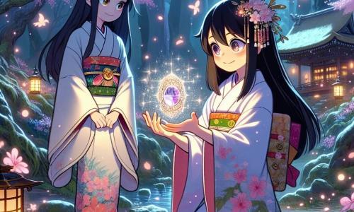 W centrum obrazu znajduje się Yuki, 10-letnia dziewczynka z długimi, lśniącymi czarnymi włosami, ubrana w tradycyjny kimono w kwiaty wiśni. Jej twarz wyraża ciekawość i zachwyt, gdy trzyma w dłoniach piękny, błyszczący amulet. Obok niej stoi Tsukiko, tajemnicza kobieta w wieku około trzydziestu lat, z oczami błyszczącymi jak gwiazdy i ciepłym uśmiechem. Nosi eleganckie kimono, które unosi się wokół niej jak lekka mgła, patrząc na Yuki z dumą. Tło to zaczarowana polana, otoczona majestatycznymi drzewami w kwiatach, których różowe płatki opadają delikatnie jak śnieg. W oddali widać stary kamienny świątynię pokrytą mchem, z oświetlonymi papierowymi latarniami, tworzącymi magiczną i spokojną atmosferę. Główna scena przedstawia Yuki i Tsukiko celebrujące odkrycie amuletu, symbolu odnalezionej magii lasu, podczas gdy kolorowe ptaki latają wokół nich, dodając życia i radości tej bajkowej scenerii.