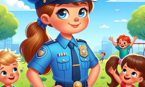 Una policía sonriente, Ana, está en el centro de la imagen, vistiendo un uniforme azul brillante y una gorra. Tiene el cabello castaño recogido en una coleta y una placa brillante en su pecho. Ana está de pie, con las manos en las caderas, con una expresión amigable y confiada, mirando a los niños que juegan a su alrededor. A su derecha, un niño de seis años, con el cabello rubio desordenado y una camiseta roja, levanta la mano para hacer una pregunta, su rostro resplandeciendo de curiosidad. A su izquierda, una niña de cinco años, con dos coletas y un vestido de flores, aplaude con entusiasmo, sus ojos brillando de admiración por Ana. La escena tiene lugar en un parque soleado, con árboles verdes, flores coloridas y niños jugando en columpios y toboganes al fondo. Un cielo azul claro y algunas nubes blancas añaden un toque alegre a la atmósfera. Ana explica a los niños la importancia de la seguridad y la ayuda mutua, mientras los anima a ser héroes en su vida cotidiana. Los niños escuchan atentamente, cautivados por sus palabras, creando un ambiente de camaradería y aprendizaje.