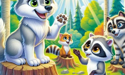Leo, um pequeno lobo de olhos brilhantes e pelagem cinza macia, está em um tronco de árvore, sorrindo com grande alegria e determinação. Ele fala com um grupo de animais, levantando as patas dianteiras em sinal de encorajamento. Ao seu lado, Luna, uma bela loba de pelagem prateada e olhos dourados, escuta atentamente, demonstrando orgulho e inspiração. Ao fundo, um jovem guaxinim chamado Rico, com pelagem listrada de preto e cinza, exibe curiosidade e entusiasmo, levantando uma pata para fazer uma pergunta. A cena ocorre em uma clareira ensolarada no coração de uma floresta verdejante, onde os raios de sol filtram entre as folhas, criando padrões de luz e sombra no chão, rodeada por flores coloridas e arbustos luxuriantes. Leo compartilha ideias sobre igualdade e a importância da colaboração, enquanto todos os animais escutam com atenção, prontos para aprender e participar dessa bela aventura coletiva.