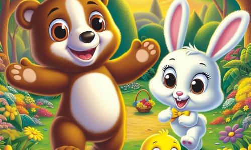 Um adorável urso marrom claro, chamado Beto, com grandes olhos redondos e um sorriso caloroso, está no centro da imagem, irradiando alegria e entusiasmo. Ao seu lado, uma pequena coelha branca de grandes orelhas, Lili, mostra uma expressão de excitação, pulando alegremente com um pequeno cesto de flores coloridas nas patas. Um pato amarelo vivo, Pipo, com um ar travesso, bate as asas rindo, ficando um pouco atrás, pronto para se juntar ao grupo. Ao fundo, uma floresta encantada banhada pela luz dourada do sol poente, com árvores de folhas verdes brilhantes e flores multicoloridas que dançam suavemente ao vento. O chão está coberto de folhas e flores, criando um tapete natural vibrante. A cena representa o momento em que Beto, Lili e Pipo descobrem um novo amigo, Ursão, um urso marrom escuro, que está um pouco afastado, com um ar tímido, mas curioso. Os outros personagens o convidam a se juntar a eles, ilustrando o tema da tolerância e aceitação das diferenças.