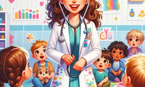 O tânără doctoriță, Ana, de aproximativ 25 de ani, cu părul creț și ochi strălucitori, zâmbește călduros ținând un stetoscop în mână. Poartă un halat alb impecabil, cu motive colorate de inimi și flori, și se află în fața unui grup de copii. Vlad, un băiat de 8 ani, cu părul blond și ochi curioși, ridică mâna cu entuziasm, în timp ce Iulia, o fetiță de 7 ani cu cosițe și rochie roz, ascultă atentă, fascinată. Darius, un băiețel de 5 ani, cu un zâmbet timid și un tricou albastru, o privește pe Ana cu admirație, ținând un jucărie în formă de stetoscop. Scena are loc într-o cameră de joacă luminoasă, plină de culori vii, cu pereți decorați cu desene de animale și inimi, și scaune din plastic multicolore aranjate în cerc în jurul unei mese. Ana explică pasionat importanța sănătății, în timp ce copiii, captivați, participă activ la mini-lectia ei, râzând și punând întrebări.