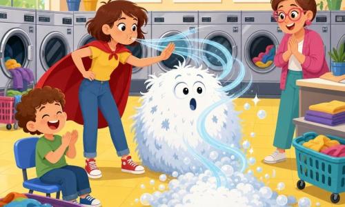 The protagonist is Mina Spark, a round-faced expressive woman with short tousled brown hair wearing an upside-down red cape, her determined yet soothing gaze blowing a gentle visible wind of translucent blue ribbons; the second character is Lila, the adult manager with thick pink glasses and hair in a bun, hands clasped and smiling relieved near a counter to Mina’s right; a six-year-old curly-haired brown boy sits at the left foreground laughing and clapping at the bubbles; a nonhuman figure, the Suds Boss, is a large white foam creature with round eyes and a teardrop-shaped mouth that calms and collapses into a soft pile of bubbles; the setting is the Bright Spin Laundromat, a spacious bright room with pastel walls, rows of silver washers and dryers with black portholes, yellow tiled floor, rolling colorful laundry baskets and cheerful posters; Mina’s polite wind turns chaos into calm—ribbons of wind around the Suds Boss, bubbles settling gently, clothes being tidied, relieved smiling patrons, creating a warm comical atmosphere.