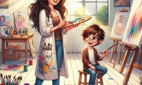 Valeria, una artista de treinta años, se encuentra en el centro de su luminoso taller, rodeada de pinceles de colores y lienzos. Tiene el cabello largo y desordenado, una blusa salpicada de pintura y una sonrisa radiante que expresa la alegría y la pasión por crear. A su lado, Lucas, un niño de doce años con cabello castaño y gafas redondas, observa con asombro, sosteniendo un pincel en la mano. Está sentado en una pequeña silla, listo para pintar, con los ojos brillantes de emoción. El taller es un espacio mágico, con paredes cubiertas de pinturas vibrantes, rayos de luz filtrándose a través de grandes ventanas y un suelo de madera clara salpicado de manchas de pintura. Al fondo, hay frascos de pintura multicolores en una mesa de madera, que añaden a la atmósfera creativa. La escena representa a Valeria y Lucas pintando juntos en un gran lienzo blanco, sus pinceles danzando sobre la tela, creando un mezcla de colores vibrantes. Cierran los ojos, dejando volar su imaginación, mientras risas y creatividad flotan en el aire.