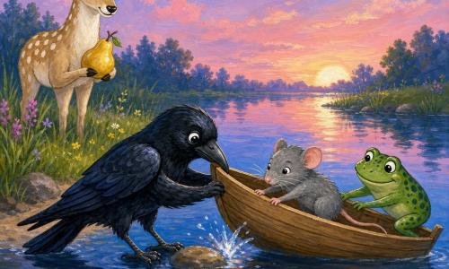 A glossy black crow with bright curious eyes gently pulls a small wooden boat with its beak while holding the edge with its feet; Mina, a small gray mouse with fine whiskers and a brave, worried air, pushes from inside on the crow’s right; Bram, a green spotted frog with a shy smile, helps from the stern sitting on the prow; on the bank an old beige doe with white spots holds a golden pear and watches kindly. It’s a calm twilight pond with deep blue mirror water and pink reflections, yellow water lilies, grassy banks, wildflowers and a pastel sky. The stuck boat pops free with a small 
