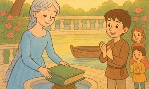 Een jonge prinses met zilverachtig gevochten haar, zacht gezicht en grote eerlijke ogen glimlacht licht en zet langzaam een oud groen boek met vergulde randen op een klein houten voetstuk bij een fontein; rechts van haar, aan de overkant bij een houten boot, staat een nieuwsgierige jonge prins die zachtjes klapt. Aan de oever spelen twee kinderen bij een grote plataan en kijken vol ontzag. Toneel: paleistuin bij schemering met mozaïekbestrating, cirkelvormige gebeeldhouwde stenen fontein, marmeren balustrades, roze rozen en een kabbelende rivier met een kleine houten boot aan een houten steiger; gouden zonsonderganglicht, lange schaduwen, rustige warme sfeer, pastelkleuren en zachte vormen.