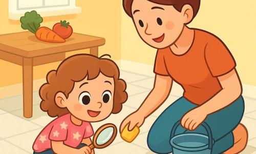 Czteroletnia dziewczynka z dużymi, ciekawskimi oczami i kręconymi włosami klęczy na podłodze, trzymając dużą drewnianą łyżkę jak lupę. Ma na sobie różową koszulkę w gwiazdki i kapcie w kształcie królika, a na jej twarzy widać zachwycony i zdeterminowany uśmiech. Obok niej stoi mama, trzydziestoletnia kobieta z brązowymi włosami związanymi w kok, uśmiechając się, trzymając małą gąbkę i wiadro z wodą, gotowa pomóc jej w sprzątaniu śladów błota. Scena rozgrywa się w jasnej kuchni z białą kafelkową podłogą i pastelowo żółtymi ścianami, gdzie drewniany stół jest pełen świeżych warzyw. Promienie słońca wpadają przez okno, oświetlając małe krople wody na podłodze. Główna sytuacja pokazuje dziewczynkę w trakcie badania, dokładnie przyglądając się śladom błota prowadzącym do małego wózka dla lalek, podczas gdy mama zachęca ją z życzliwością, tworząc atmosferę ciekawości i bliskości.