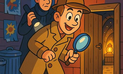 Een hoofdpersonage, een vastberaden en bewonderende man met een glimlach, levendige ogen en opgetrokken wenkbrauwen, draagt een grote bruine detectivehoed, een lange beige jas met ronde knopen en houdt een glanzende loep in zijn rechterhand terwijl hij naar een halfopen steegdeur gebogen staat; een tweede man (Meneer Schaduw), ongeveer 40 jaar, kalm en oplettend, in een donkere jas en zwarte sjaal staat net achter hem met een brandende zaklamp; de smalle kasseiensteeg heeft vlekkerige rode bakstenen muren, metalen vuilnisbakken en gescheurde kleurrijke posters, en uit de houten deur ontsnapt warm geel licht dat naar een geheim tunnel leidt waarin flikkerende lampjes zijn en een grote gouden lantaarn op een houten kist fel schijnt; levendige kleuren, sterk contrast tussen de koude schaduwen van de steeg (blauw en grijs) en het warme licht van de tunnel (geel en goud), met ronde trekken, overdreven expressies en een zachte, geruststellende, kindvriendelijke esthetiek.