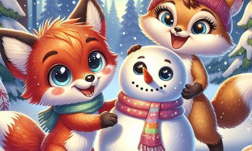 Una piccola volpe dal pelo rosso e morbido, con grandi occhi scintillanti di gioia, sta costruendo un magnifico pupazzo di neve. Sorride, le sue guance sono leggermente arrossate dal freddo, e tiene una carota per il naso del pupazzo. Accanto a lui, una volpe con pelo lucido e occhi maliziosi, con una sciarpa colorata attorno al collo, ride mentre lancia una palla di neve, piena di entusiasmo. Sullo sfondo, una foresta incantata è coperta da un spesso manto di neve scintillante, con alberi maestosi le cui branche sono cariche di fiocchi. La scena trasmette un'atmosfera gioiosa e festosa, dove gli amici si divertono insieme in un paesaggio invernale magico.