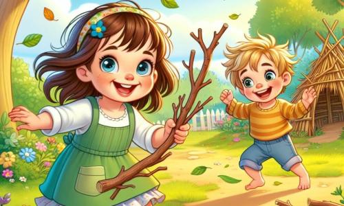 Una bambina di 3 anni, Sofia, con lunghi capelli castani e occhi pieni di curiosità, sorride gioiosamente mentre tiene un grande ramo tra le sue piccole mani. Accanto a lei, suo fratello Marco, un bambino di 2 anni con capelli biondi in disordine e un volto birichino, ride cercando di acchiappare una foglia portata via dal vento. Si trovano in un giardino soleggiato, pieno di fiori colorati, grandi alberi verdi e un prato morbido e soffice. Al centro, una piccola casetta fatta di rami e foglie, costruita con amore, si erge orgogliosamente. Sofia e Marco stanno costruendo la loro casetta segreta, ridendo e giocando insieme, mentre il vento fa danzare le foglie intorno a loro.