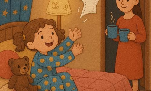 Niña de 4 años, alegre y concentrada, cabello castaño claro rizado en coletas, sentada al borde de la cama descalza con pijama de lunares azul y amarillo, rasgos redondeados y gran sonrisa; un peluche oso llamado Osito, marrón con costuras visibles y ojos negros cosidos, está junto a ella en la almohada mirándola con cariño; una mujer de unos 30 años, pelo liso recogido, sostiene dos tazas de chocolate caliente en la puerta de la habitación sonriendo, iluminada por la lámpara; habitación acogedora y colorida con colcha rosa acolchada, cojines redondos de fieltro, cortina estampada de estrellas, lámpara de mesita de tela bordada y pequeña alfombra de lana bajo la cama; escena principal: la niña intenta "doblar" suavemente un pequeño chuchotito animado, representado como un pañuelo blanco con bordes bordados que vuela como una pluma con líneas de movimiento y puntadas visibles, escena tierna y divertida a la luz de la luna.