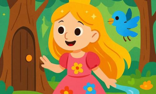 Una piccola principessa di nome Lilia, di 7 anni, si trova al centro della scena. Ha lunghi capelli dorati che brillano al sole e indossa un vestito rosa decorato con fiori colorati. Il suo viso è illuminato da un grande sorriso, che mostra la sua curiosità e meraviglia. Accanto a lei, un piccolo uccello blu di nome Blu, con piume brillanti, vola allegramente intorno a lei, sembrando parlarle. La scena si svolge in una foresta incantata, dove gli alberi sono alti e maestosi, con foglie scintillanti come stelle. Fiori multicolori punteggiano il suolo e un ruscello argentato serpeggia nel paesaggio, aggiungendo un tocco di magia. Lilia scopre una porta segreta in un grande tronco d'albero e si prepara ad aprirla con eccitazione. La luce morbida del sole filtra attraverso i rami, creando un'atmosfera calda e fiabesca.