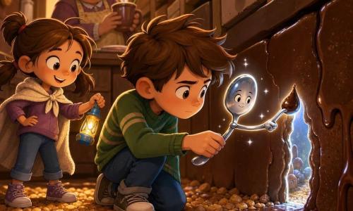 El personaje principal es una pequeña cucharita antropomórfica de metal brillante con ojos grabados y expresión dulce, que flota ligeramente, sostiene una gota de chocolate en la punta y señala una fina grieta luminosa en la pared; secundarios: Leo, un niño de 9 años de pelo castaño despeinado, concentrado y valiente, agachado y sujetando la cucharita mirando hacia la grieta; Nora, una niña de 7 años con capa improvisada y coletas, excitada y traviesa, detrás de Leo con una linterna de juguete encendida; la abuela, figura cálida y redondeada con moño gris, sonriente, observando desde atrás con una taza de chocolate humeante. El lugar es un pasillo convertido en un mundo miniatura mágico con suelo de migas doradas, paredes con pequeños cajones etiquetados y una grieta luminosa como una puerta de hilo plateado; atmósfera de asombro y ternura, composición centrada en la cucharita que apunta a la grieta, colores cálidos (marrones, dorados, azules suaves), iluminación dramática y acogedora, estilo 3D cartoon cel-shading con texturas ligeramente estilizadas y gestos expresivos.
