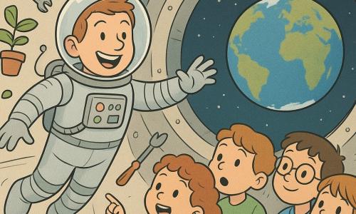 An astronaut named Leo, with a big smile and sparkling eyes, floats in his silver spacesuit inside a spaceship. Around him, tools and plants float in zero gravity. A group of five children, about 6 years old, stands near a large round window of the spaceship. A girl with curly hair and wide eyes points at the Earth visible in the distance. A boy with glasses, looking amazed, holds a sketchbook. The spaceship is spacious, with metallic walls and blinking lights. The main scene shows Leo telling a fascinating story to the children, all captivated by the spectacular view of the bright blue Earth through the window.