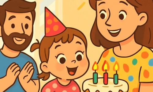 A 2-year-old girl with big bright eyes and a beaming smile is at the center of the image. She is wearing a pretty pink dress with white polka dots and a small party hat. She is blowing out birthday candles in a joyful atmosphere. Next to her, her mother, a smiling woman in her 30s with brown hair and a colorful blouse, holds a large cake decorated with cream and candles, looking at her daughter with tenderness and pride. Behind them, her father, a man around 35 with a soft beard and a blue t-shirt, is clapping and smiling. He stands near a table filled with colorful gifts and floating balloons. The scene takes place in a bright living room decorated with colorful garlands and balloons, with sunlight filtering through the windows. The little girl is making a wish before blowing out the candles, surrounded by her family's love and the excitement of her birthday.