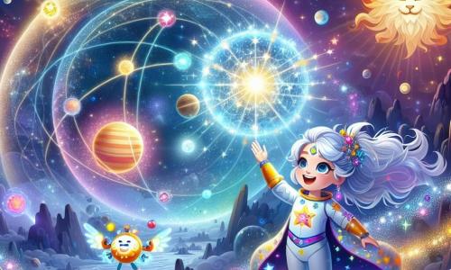 Una joven, Lira, se encuentra en el centro del escenario, con cabello plateado brillante y ojos azules nebulosos, expresando una alegría radiante. Lleva un traje espacial brillante adornado con patrones estrellados y sostiene una varita láser luminosa en su mano. A su lado, su pequeño robot Tic, redondo y chispeante, emite chispas coloridas, flotando alegremente en el aire. 

De fondo, un gran dragón, Flamel, con escamas doradas y ojos llameantes, los observa con una sonrisa benevolente, sus alas desplegadas creando una sombra majestuosa en el suelo. 

La escena se desarrolla en el corazón del Corazón Cósmico, una inmensa esfera luminosa flotando en un espacio estrellado, rodeada de planetas coloridos y cometas centelleantes. Ondas de energía mágica emanan de la esfera, iluminando el paisaje con una luz suave y cálida. 

Lira, con determinación y asombro, utiliza su magia y tecnología para activar el Corazón, mientras notas musicales coloridas flotan a su alrededor, creando una atmósfera de fiesta y armonía en el universo.