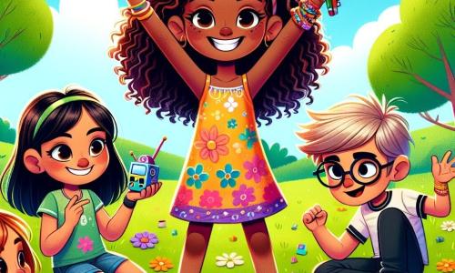 Uma menina de 10 anos, Lúcia, com cabelos cacheados e um grande sorriso radiante, está no centro da imagem, com os braços levantados em sinal de vitória, cercada por amigos. Ela usa um vestido colorido com estampas de flores e sandálias, e sua expressão é cheia de alegria e empolgação. À sua direita, Miguel, um garoto de 10 anos com óculos e cabelos bagunçados, segura um pequeno dispositivo que inventou, com um ar concentrado e entusiasmado. À sua esquerda, Clara, uma menina de 9 anos com cabelos longos e lisos, desenha com lápis de cor, sentada na grama, sorrindo e admirando o projeto do amigo. João, um garoto de 9 anos com cabelos curtos e um boné, está atrás deles, com os braços cruzados, contando uma história engraçada, com um olhar travesso. O local é um parque ensolarado, cheio de árvores com folhas verdes brilhantes, flores coloridas e um grande gramado verde onde as crianças brincam. Ao fundo, um céu azul claro com algumas nuvens brancas e sol brilhante. A cena principal mostra Lúcia e seus amigos que conseguiram criar um divertido 
