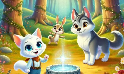 A magical cat named Oliver, with bright white fur and vivid blue eyes, stands bravely in the center of a sunny clearing, displaying an expression of determination and joy. Beside him, a small rabbit named Benny, with large ears and brown fur, looks at Oliver with admiration, while a large gray wolf named Wally stands slightly back, showing a gentle and friendly expression, ready to be kind. The scene takes place in a beautiful clearing in the enchanted forest, surrounded by tall trees with shimmering leaves, colorful flowers, and a soft ray of sunlight illuminating everything. At the center, a magnificent stone well emits a silvery light, adding a touch of magic to the environment. The main situation shows Oliver, Benny, and Wally united in a quest to overcome fear and celebrate friendship, ready to share laughter and stories, illustrating the strength of kindness in a magical world.