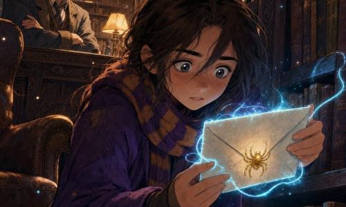 Uma jovem bruxa chamada Lia Valença, olhos curiosos e um pouco inquietos, cabelos castanhos despenteados, veste um casaco roxo gasto e um cachecol listrado, agachada entre as prateleiras de uma velha biblioteca, concentrada e segurando com mãos delicadas uma carta envolta em luz azul cintilante; atrás dela, o bibliotecário Seu Geraldo, cerca de 60 anos, rosto enrugado, óculos redondos e cabelos grisalhos despenteados, braços cruzados e expressão ao mesmo tempo divertida e preocupada, a poucos passos; a biblioteca é antiga, prateleiras de madeira escura cheias de livros empoeirados, entalhes arabescos, lâmpadas quentes projetando poças de luz alaranjada e uma grande poltrona de couro gasto perto de uma janela chuvosa; detalhes mágicos: partículas de luz flutuantes, um pequeno gato preto de olhar malicioso numa prateleira e um selo dourado em forma de aracnídeo na carta que brilha; contraste entre luzes quentes e o azul místico ao redor da carta, ambiente doce, misterioso e acolhedor, enquadramento fechado em Lia e na carta; estilo gráfico em tons pastéis ligeiramente saturados, linhas suaves, texturas de papel e madeira marcadas e expressões faciais infantis e legíveis.