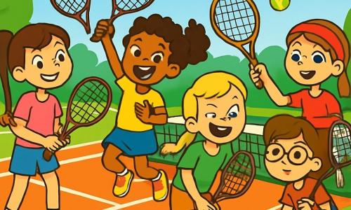 Er zijn 5 personages: - Mila: een 10-jarig meisje met een lange bruine paardenstaart, een roze T-shirt en een blauwe short. Ze houdt een tennisracket vast en glimlacht vrolijk. - Noor: een 10-jarig meisje met krullend haar en felgele schoenen. Ze springt enthousiast, klaar om de bal te slaan. - Zoë: een 10-jarig meisje met blonde vlechten en een groen T-shirt. Ze maakt een grappige grimasse terwijl ze haar racket vasthoudt. - Emma: een 10-jarig meisje met kastanjebruin haar en een bril, geconcentreerd op het spel. Ze staat een beetje gehurkt, klaar om de bal te ontvangen. - Sam: een 10-jarig meisje met steil haar en een rode haarband, die glimlacht terwijl ze de bal serveert. Ze staat naast Mila en toont haar vastberadenheid. De locatie is een mooie openlucht tennisbaan, omringd door weelderige groene bomen en kleurrijke bloemen. De lucht is blauw met enkele witte wolken en de zon schijnt, wat een vrolijke en dynamische sfeer creëert. De belangrijkste situatie toont de vijf meisjes die samen trainen, lachend en elkaar aanmoedigend, terwijl ze proberen de tennisbal over het net te slaan. De energie en opwinding van hun vriendschap en teamgeest zijn voelbaar in de lucht.