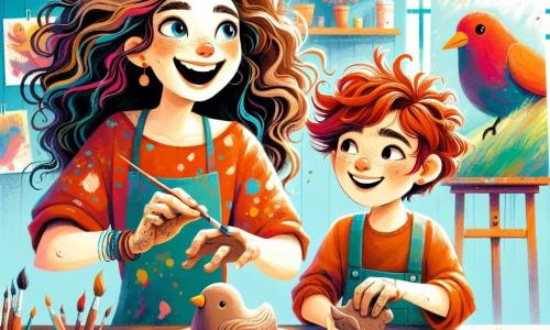 A young woman named Mia, with large brown curls and paint splatters on her clothes, smiles joyfully while sculpting a clay bird on a wooden table. Her eyes shine with excitement and creativity. Next to her, a ten-year-old boy, Max, with messy red hair and sparkling eyes, shapes a clay bird with concentration, his face lit up by a broad smile. Their studio is a magical place, filled with bright colors: blue-painted walls, vibrant canvases hanging, and paint pots scattered on shelves. Sunlight filters through the windows, creating dancing shadows on the wooden floor. In this scene, Mia and Max share a moment of joy and creativity, laughing together as they explore the world of art, surrounded by their colorful creations and the vibrant energy of their workshop.