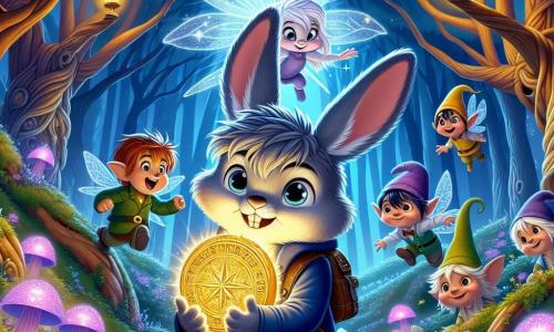Thistle, a young rabbit with silky gray fur and sparkling curious eyes, stands in the center of an enchanted clearing, holding a glowing artifact against his chest, his face marked by determination and excitement. Next to him, Finn, a mischievous sprite with shimmering translucent wings, flies in circles around him, wearing a cheeky smile and bright eyes full of enthusiasm, while pointing to a mysterious direction. In the background, gnomes in colorful hats and pixies with fiery hair bustle around magical plants, their faces radiating joy and wonder. The clearing is surrounded by tall, gnarled trees and luminescent flowers, bathed in soft moonlight that creates a magical and fairy-tale atmosphere. The main scene shows Thistle, ready to defend the magical world after recovering the precious artifact, surrounded by his friends, all united in an exciting adventure.