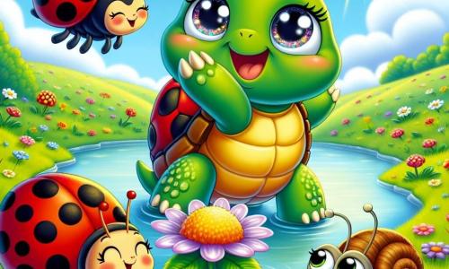 A little turtle named Tilly, with a shiny green shell and sparkling eyes full of excitement, stands proudly at the center of the scene, smiling and raising a paw to show her determination. Next to her, a cheerful ladybug named Lucy, with red wings dotted with black, dances around her, while a wise snail named Sammy, with a brown spiral shell, slowly moves forward, smiling and watching the turtle with admiration. The setting is a beautiful sunny meadow filled with colorful flowers and soft green grass, under a clear blue sky dotted with fluffy white clouds. In the distance, a shimmering pond reflects the sun, adding a touch of magic to the scene. The scene depicts Tilly, Lucy, and Sammy discovering a wonderful magical flower at the center of the meadow, illuminated by vibrant colors, as they prepare to admire it and celebrate their friendship.